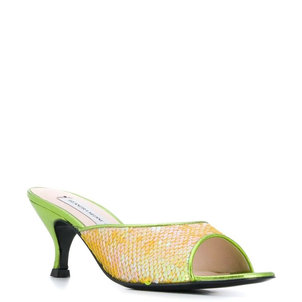 Leandra Medine Green Leather Sequin Mules, New!
